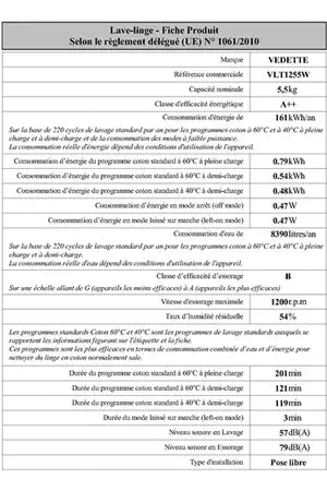 Lave-linge top Vedette VLT1255W