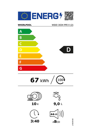 Lave-vaisselle Whirlpool WSIO3O34PFEX - ENCASTRABLE 45 CM