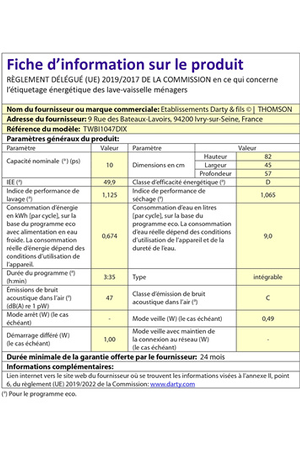 Lave-vaisselle Thomson TWBI1047DIX - ENCASTRABLE 45 CM